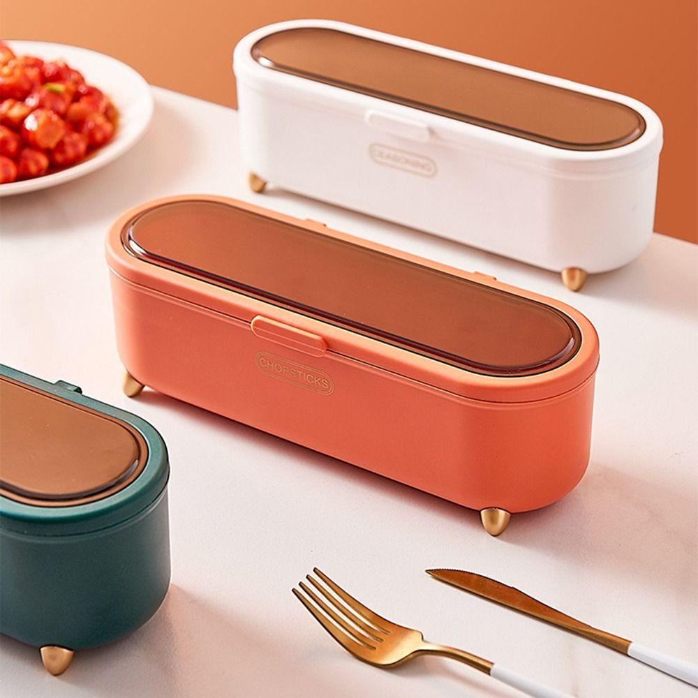 [Elegan] Kotak Penyimpanan Sendok Garpu Tahan Debu Rumah Portable Transparan Dengan Tutup Dan Drainer Tidy Tableware Organizer