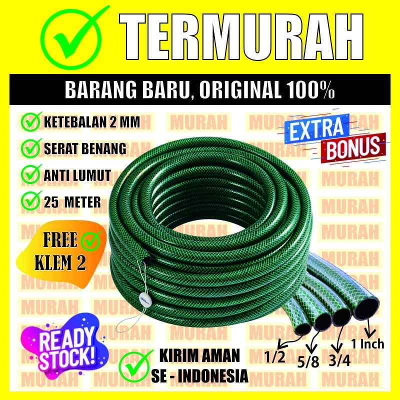 Selang Air 25 Meter Serat Benang Hijau Anti Lumut / Selang Air 1/2 5/8 3/4 Inch