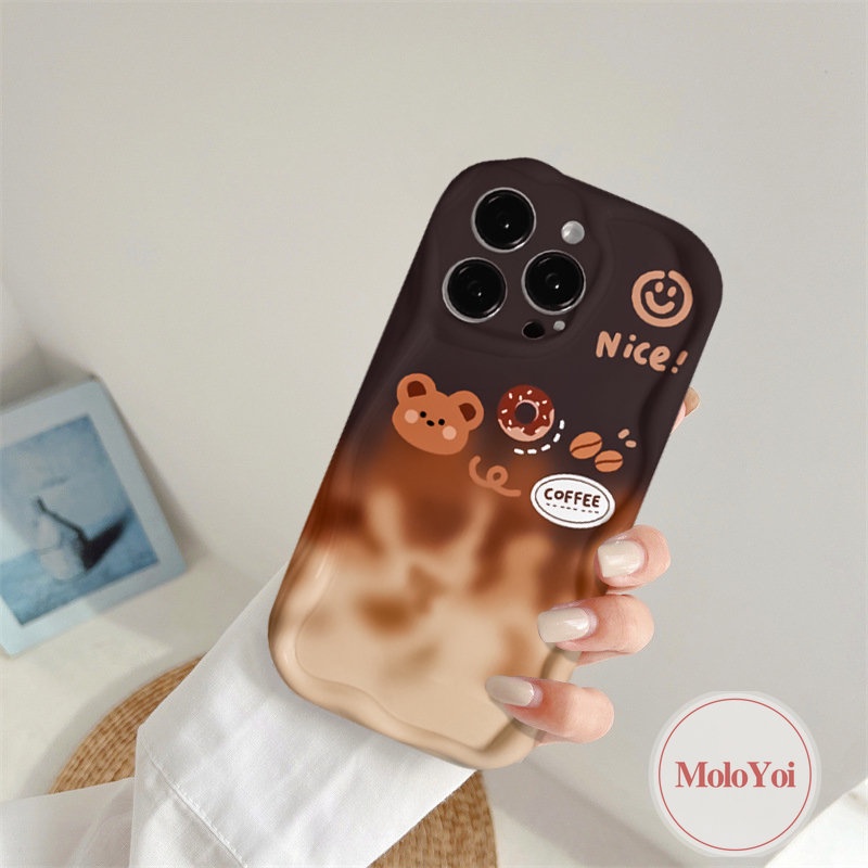 IPHONE Smiley Coffee 3D Wavy Curved Edge Glossy Case Kompatibel Untuk Iphone11 12 13 14 Pro Max XR X XS Max 7Plus 8 6s 6 7 Plus SE 2020 Lucu Kartun Beruang Gradien Telepon Tpu Soft Cover