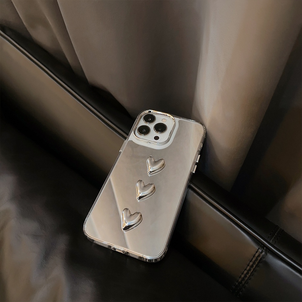 IPHONE Ins 3D Silver Hearts Plating Mirror Casing Transparan Untuk Iphone14 11 12 13 PRO MAX Casing Cover Pelindung AT0334