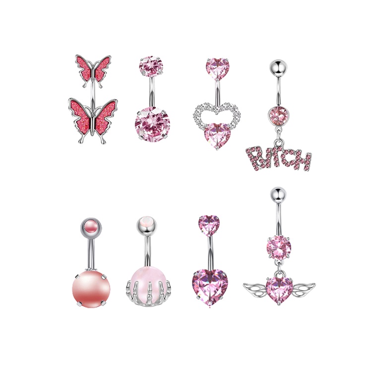 8pcs/set Tindik Pusar Kristal Pink Bahan Stainless Steel Pink Sayap Kupu-Kupu Liontin Tindik Tubuh Perhiasan Sexy Untuk Wanita