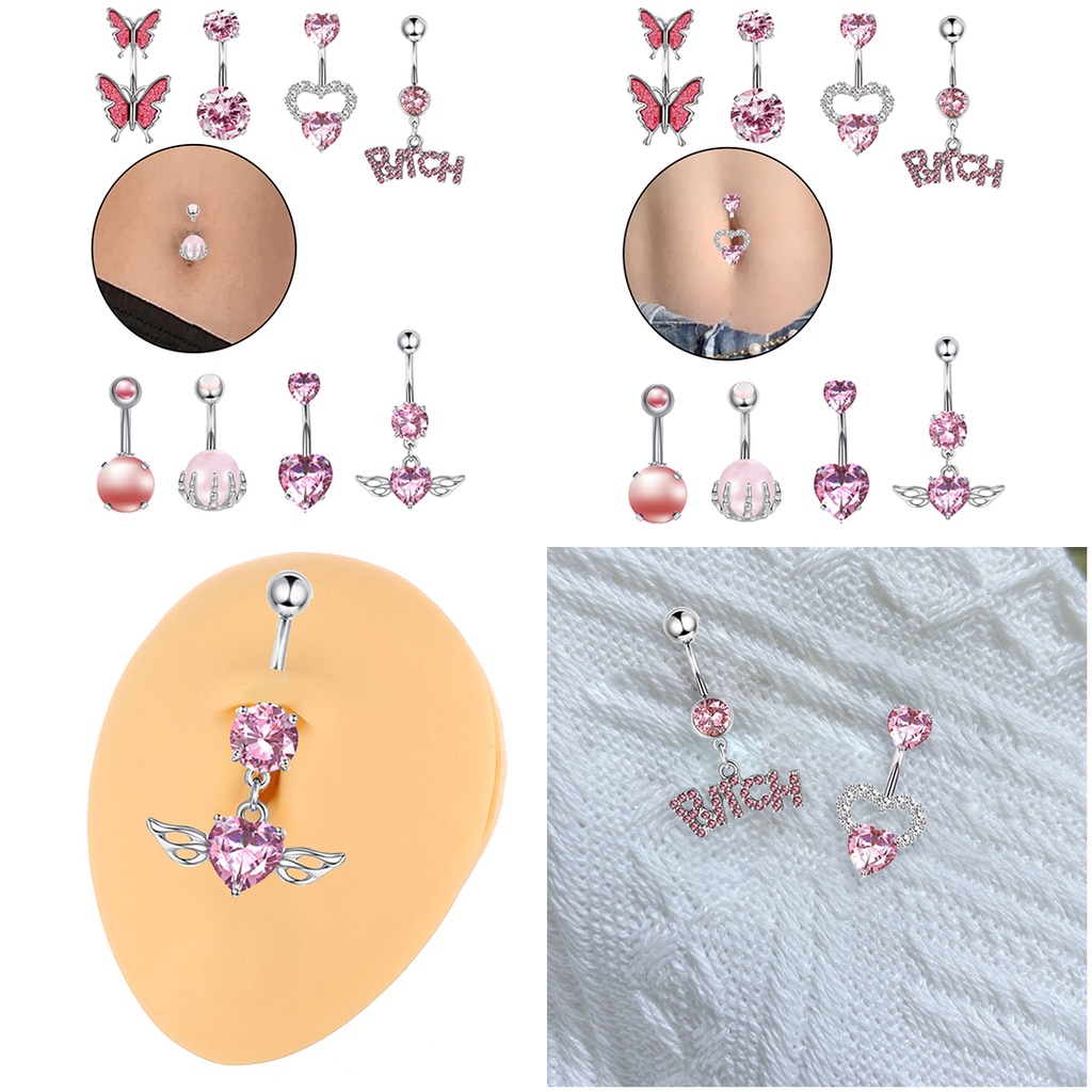 8pcs/set Tindik Pusar Kristal Pink Bahan Stainless Steel Pink Sayap Kupu-Kupu Liontin Tindik Tubuh Perhiasan Sexy Untuk Wanita