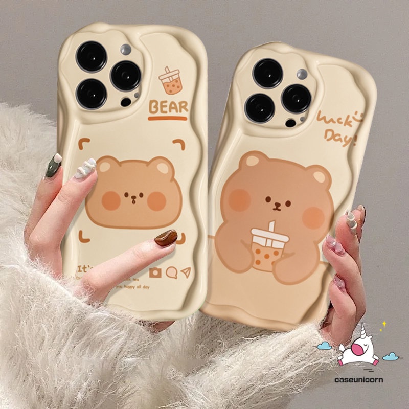 Casing Untuk Realme C53 C35 C12 C55 5 9i 7i 5i 6i 5s C25 C15 C33 C21Y C31 C25s C30 C20 C11 C25Y C21 C17 C3 C20A C3 C1 Kartun Lembut 3D Bergelombang Lengkung Tepi Lucu Teh Susu Beruang Tpu Sarung