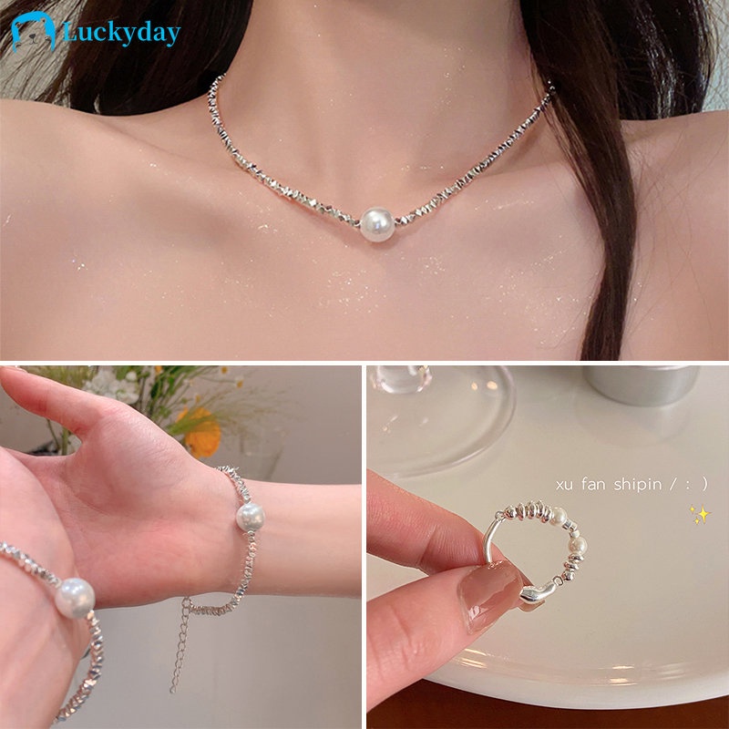 Yeezii Indah Perak Kalung Gelang Cincin Untuk Wanita Mutiara Elastis Rings Metal Block Beads Rantai Choker Aksesoris Perhiasan