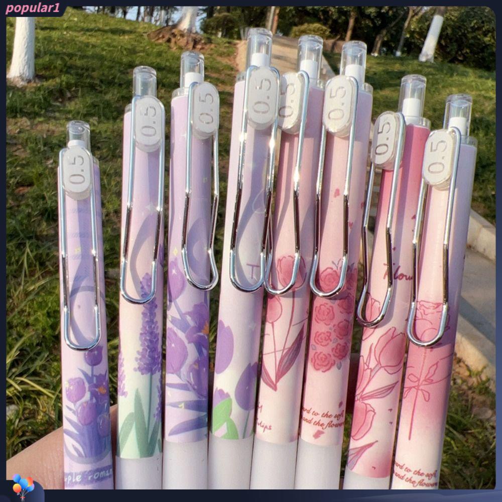 Populer 4PCS/Set Gel Pulpen Rose Kartun Dengan Klip Alat Tulisan Tinta Hitam Tulip Signature Pen