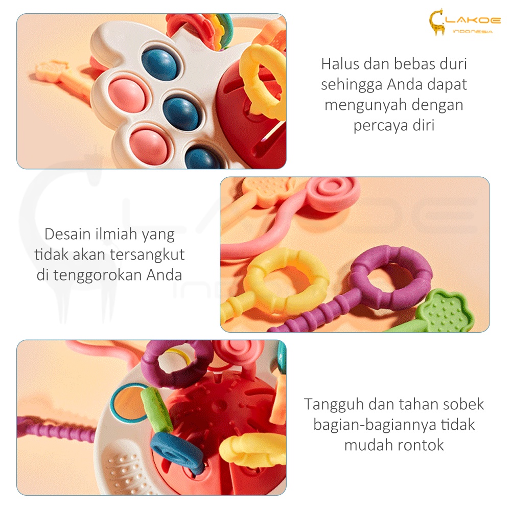 LAKOE Mainan Gigitan Bayi 4 in 1Pop It Teether Bayi Tarik Panjang Mainan Gigitan/Mainan Edukasi Bayi  Bahan Silikon bpa free