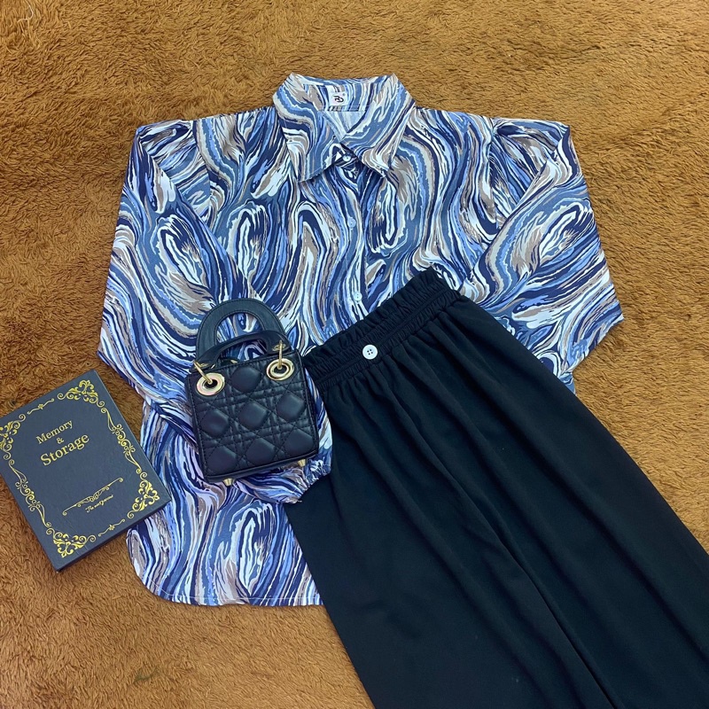 BEFAST - ZRD OOTD WANITA SETELAN ANDINI / One Set Galaxy 2in1 / Setelan Wanita Keluaran Terbaru / Fashion Kekinian Remaja ABG Trendy / Outfit Daily Wanita Casual / Set Atasan Kemeja Motif Marble Lengan Panjang+Celana Kulot Polos Panjang / Oneset Kekinian