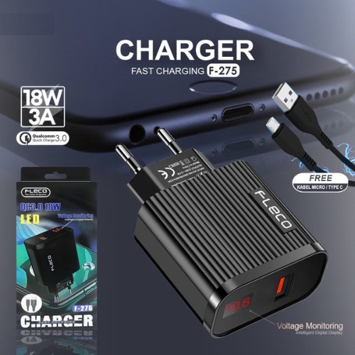 CHARGER FLECO F-275 LCD Fast Charging Quallcom 3.0A Kabel Micro usb Type C adaptor cas batok kepala Original