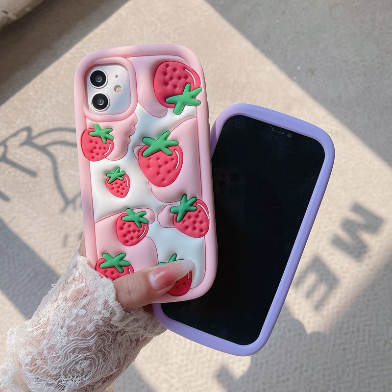 Stereoscopic Cute Pink Red Strawberry Silicone Soft Case for IPhone 6S 7 8 Plus X XR Max IPhone 11 12 13 14 Pro Max Cute TPU Phone CASE Cute Pretty Girl's Fashion