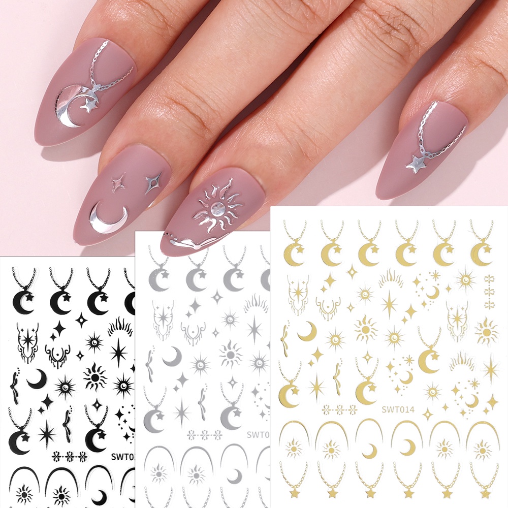 [Harga Grosir] 1pc Self-Adhesive 3D Star Nail Decals Ins Gilded Star Moon Nail Stickers Simple Gold Silver Manicure Decor DIY Nail Art Aksesoris Kuku Alat Kuku Untuk Wanita