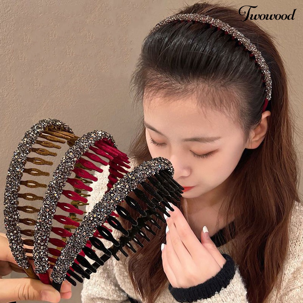 Twowood Lady Wavy Headband Non-slip Berlian Imitasi Mengkilap Bergigi Narrow Band Rambut Bezel Cuci Muka Lady Hair Hoop Aksesoris Rambut