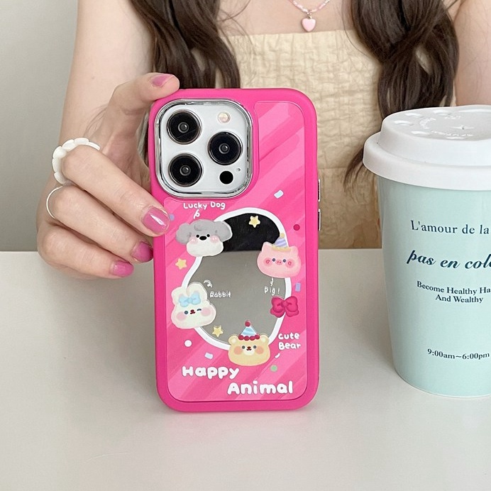 All New Mirror So Cute Pink Animal Party Silicone Soft Case IPhone 11 12 13 14 Pro Max Women's Fashion Gift Electroplated Camera Red Girl Phone Case