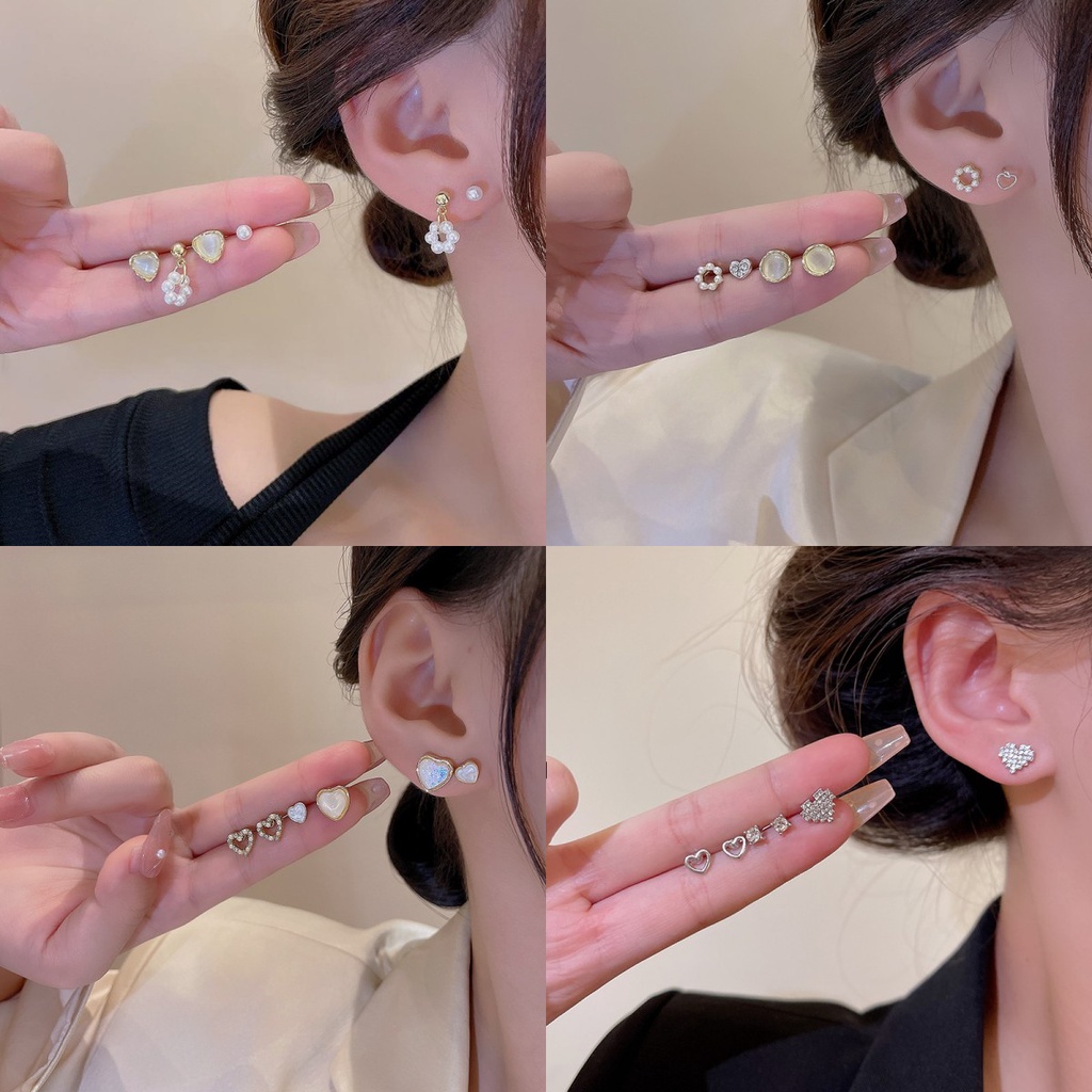 3pasang /set Anting Tusuk Mutiara Hati Emas Zirkon Kristal Menjuntai Earring Untuk Wanita Fashion Perhiasan Aksesoris