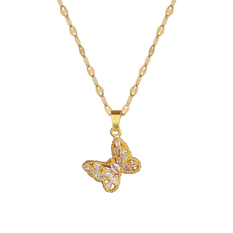 Xiaoboacc Titanium Steel Wanita Mewah Indah Zirkon Kupu-Kupu Klavikula Rantai Kalung