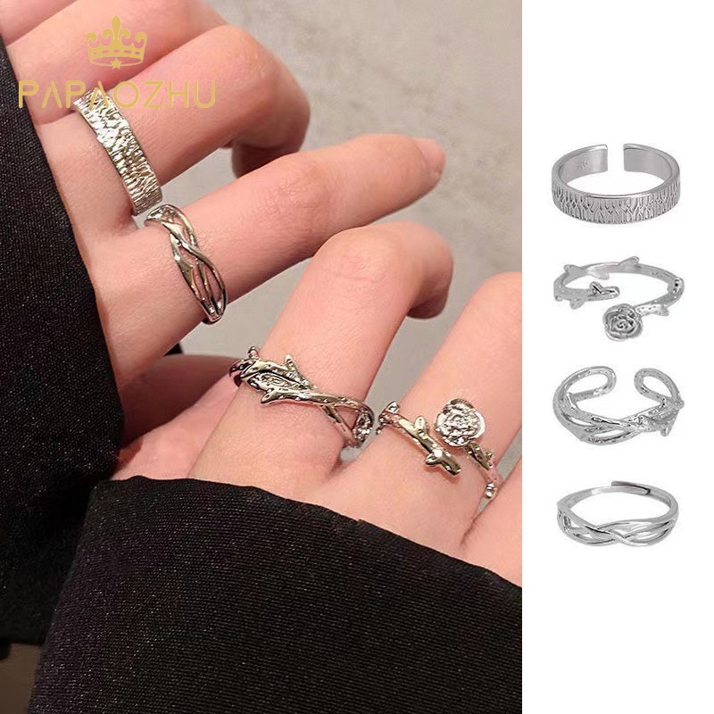 Papaozhu Bergaya Perak Duri Rose Rings Set Untuk Wanita Pria Chic Geometris Terbuka Cincin Adjustable Jari Manset Perhiasan Aksesoris