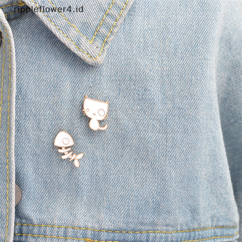 {rippleflower4.id} 2pcs/set Pin Bros Tulang Ikan Kucing Lucu DIY Denim Jaket Pin Lencana Perhiasan Hadiah~