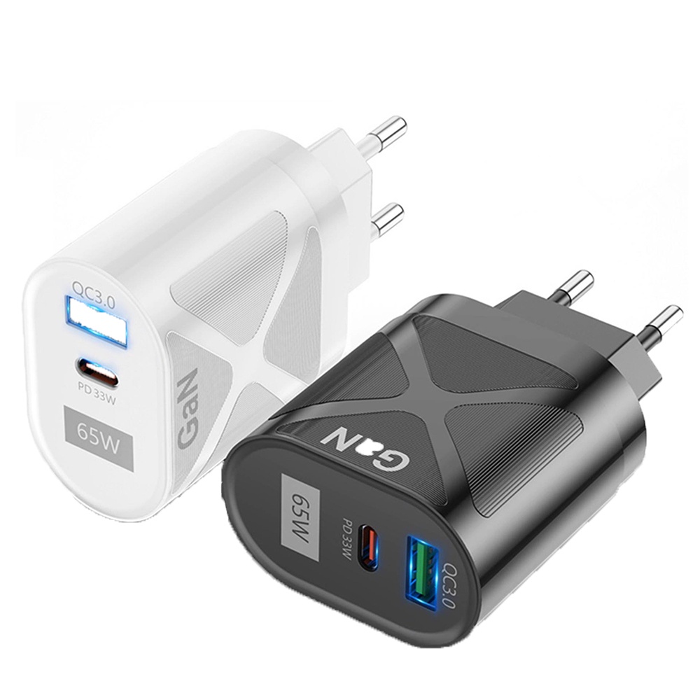 Gan389 65W EU/US Portable PD+QC3.0 USB Adapter/Rumah Perjalanan Kantor ABS Pengisian Cepat Kepala Charger Ponsel