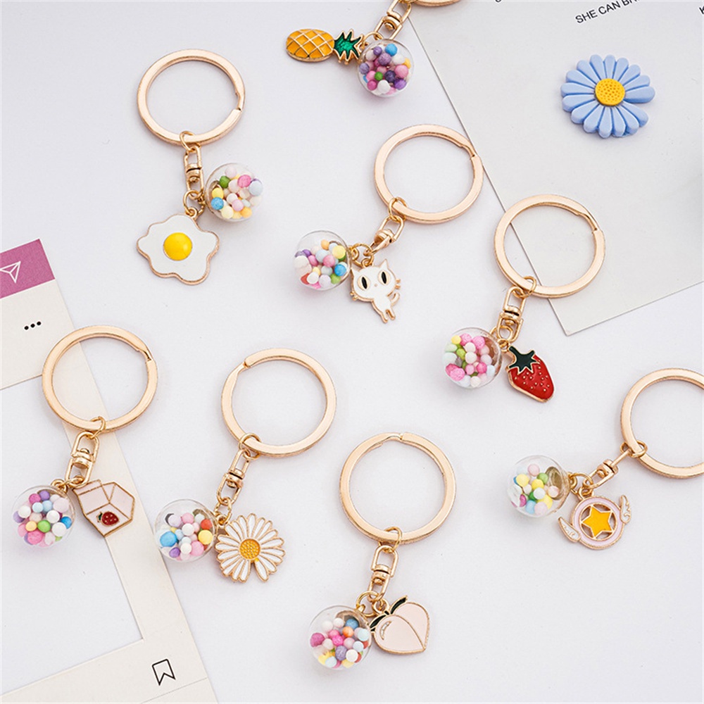 Gantungan Kunci Liontin Bola Warna-Warni Kucing Manis Bunga Kelinci Enamel Keyrings Untuk Wanita Lucu Car Keyholder Handbag Pendant Ornaments