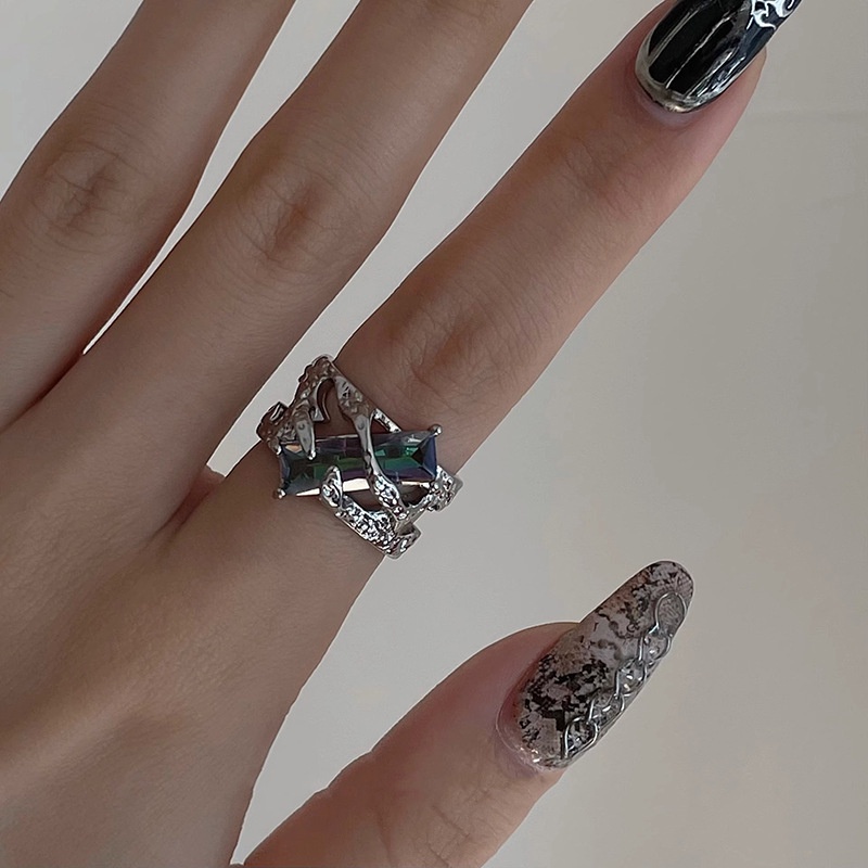 Punk Lava Cair Duri Pembukaan Cincin Yang Dapat Disesuaikan/ Wanita Retro Persegi Kristal Zirkon Jari Cincin/ Goth Berlubang-out Perhiasan Aksesoris