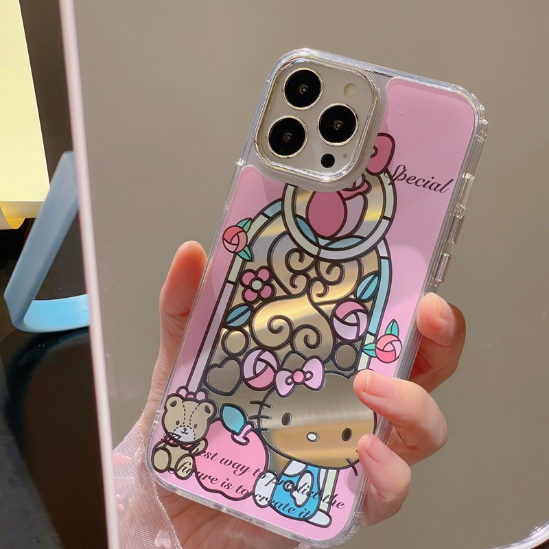 Fashion Silver Special Rose Hello Kitty Mirror Soft TPU Case iP iPhone 11 12 13 14 Pro Max New Woman Girl FTD Casing Apple