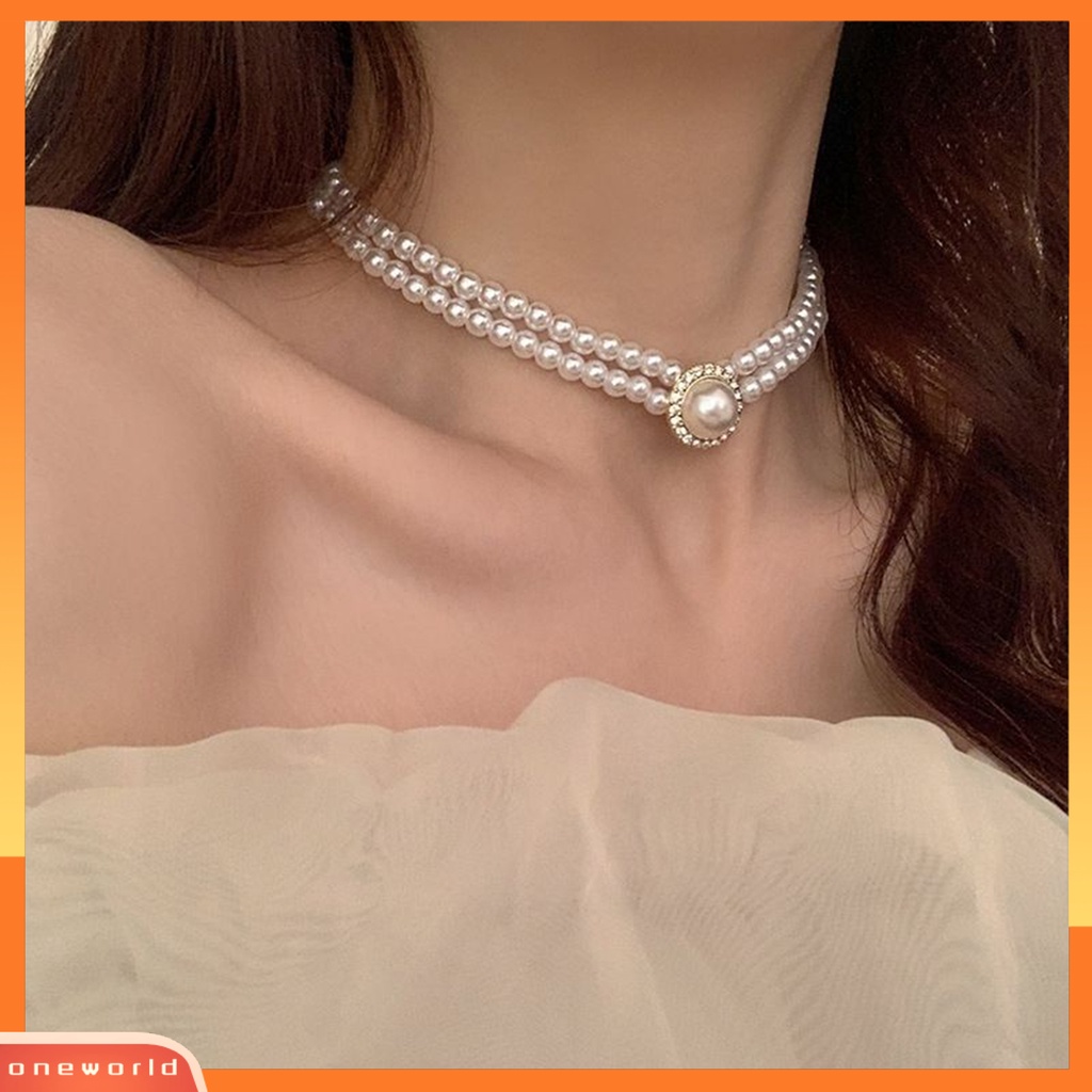 [WOD] 1set Kalung Pengantin Gaya Perancis Vintage Temperamen Double Layer Hadiah Elegan Hypoallergenic High Gloss Mutiara Imitasi Anting Cincin Perhiasan Pernikahan