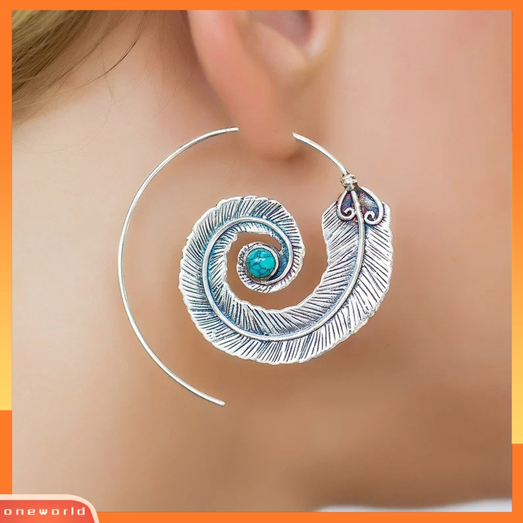 [WOD] 1pasang Anting Hoop Vintage Boho Faux Turquoise Geometris Bulat Dekorasi Ukir Wanita Spiral Bulu Menjuntai Anting Pesona Perhiasan Untuk Pakaian Sehari-Hari