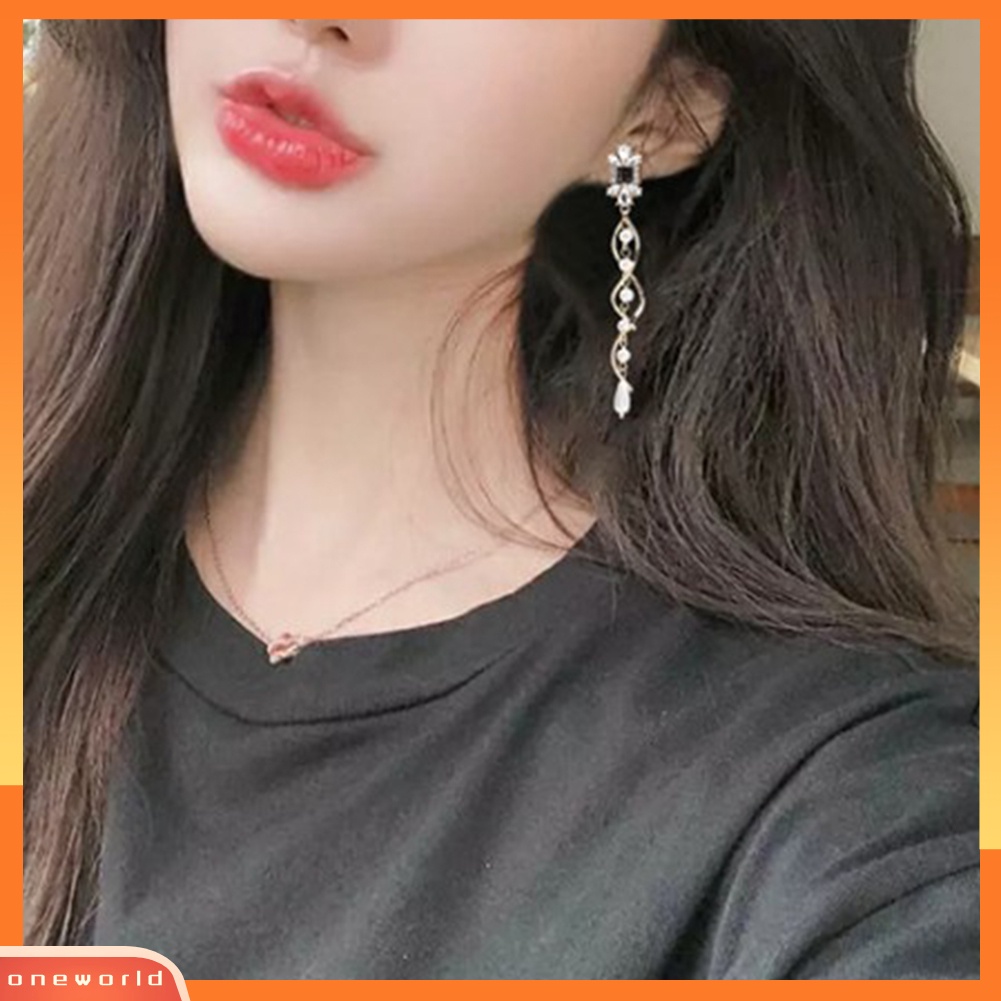 [WOD] Fashion Berlian Imitasi Memutar Mutiara Imitasi Rumbai Panjang Menjuntai Wanita Stud Earrings Hadiah