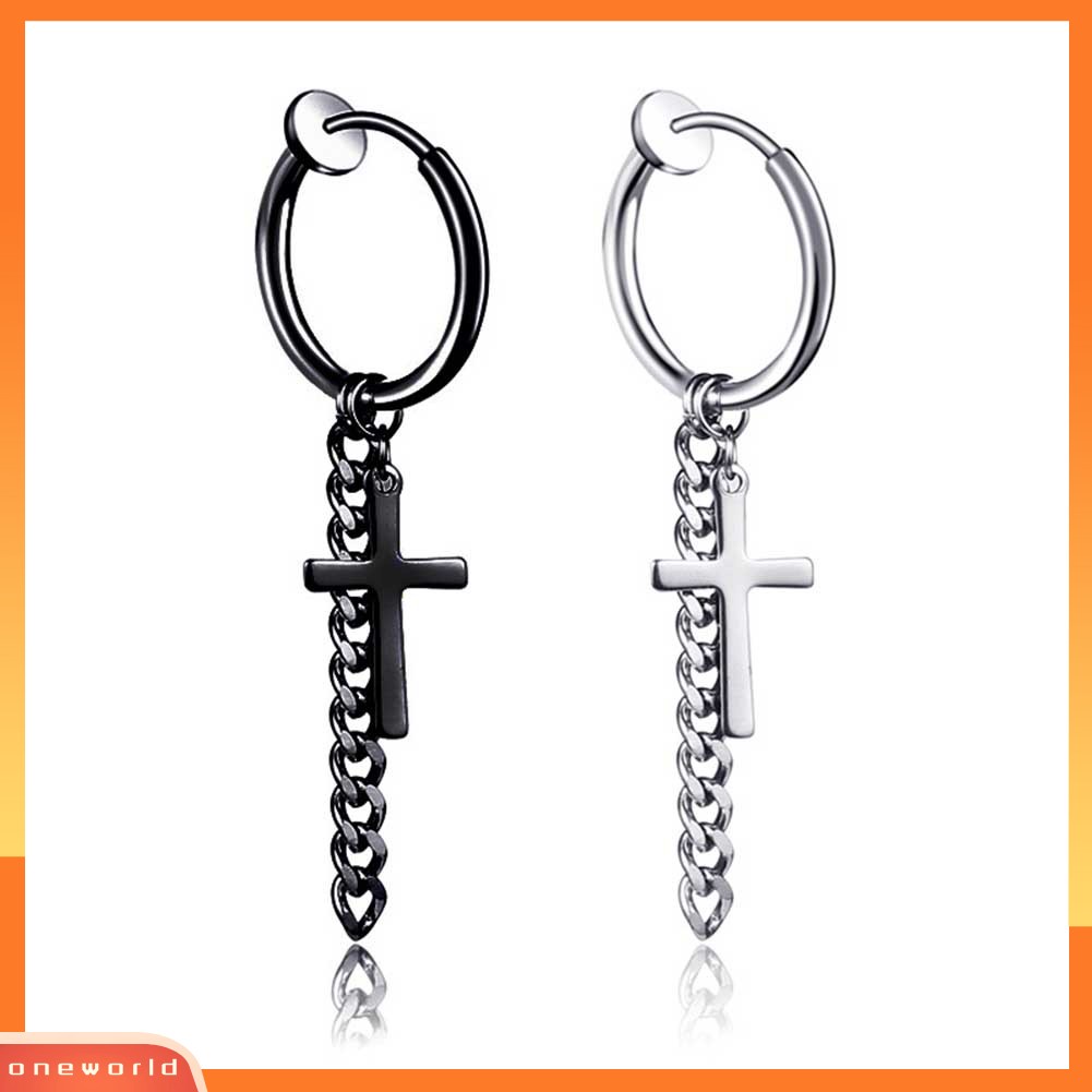 [WOD] 1pc Fashion Pria Rumbai Rantai Cross Pesona Telinga Klip Hoop Huggie Anting Perhiasan