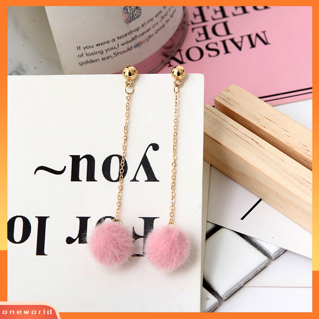 [WOD] 1pasang Anting Wanita Perhiasan Fashion Ringan 5warna Fluffy Ball Anting Menjuntai Panjang Untuk Cocktail