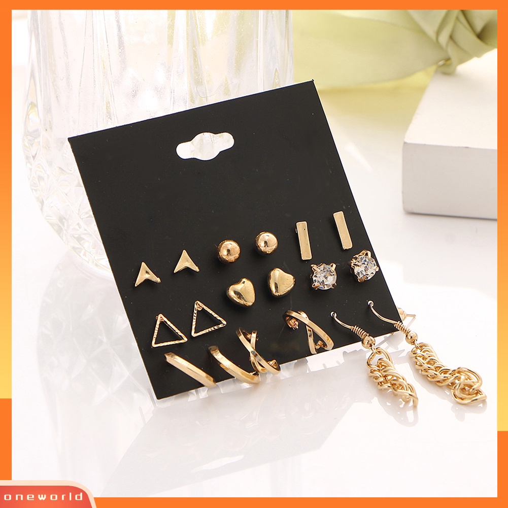 [WOD] 9pasang Fashion Wanita Berlian Imitasi Hati Bentuk Segitiga Ear Stud Hook Earrings