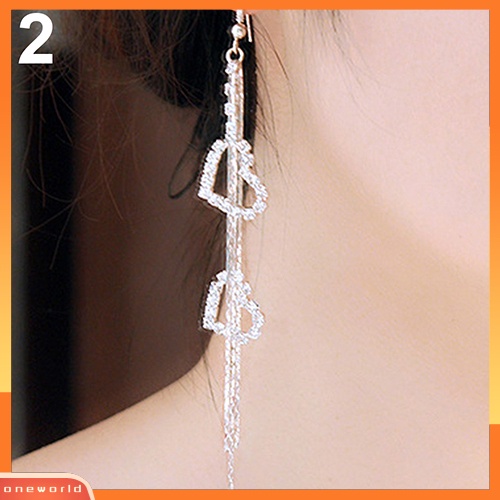 [WOD] Wanita Hati Ganda Rumbai Panjang Berlian Imitasi Linear Hook Menjuntai Duster Earrings