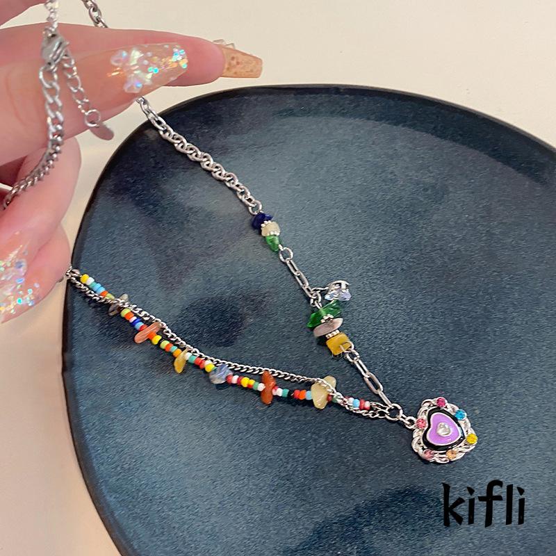 [KD] Spliced Necklace Heart shaped Collarbone Necklace Colorful Rhinestone Manik-Manik Beras Air Alami