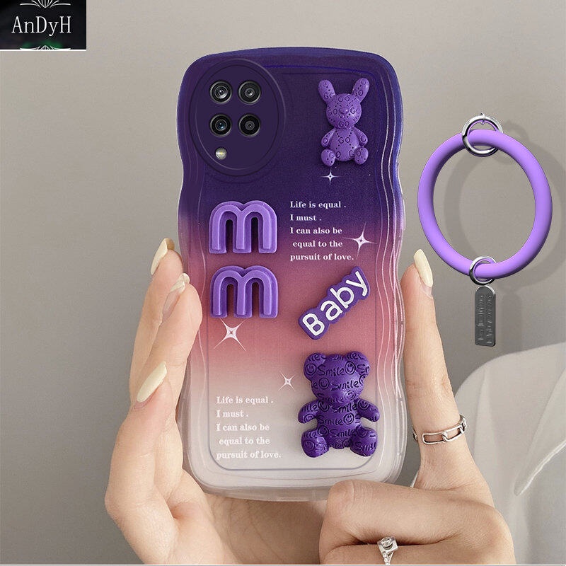 Andyh Desain Baru Untuk Samsung Galaxy A12 M12 F12 5G Case 3D Cute Bear+ Gelang Warna Solid Fashion Premium Gradient Soft Phone Case Silikon Shockproof Casing Pelindung Penutup Belakang