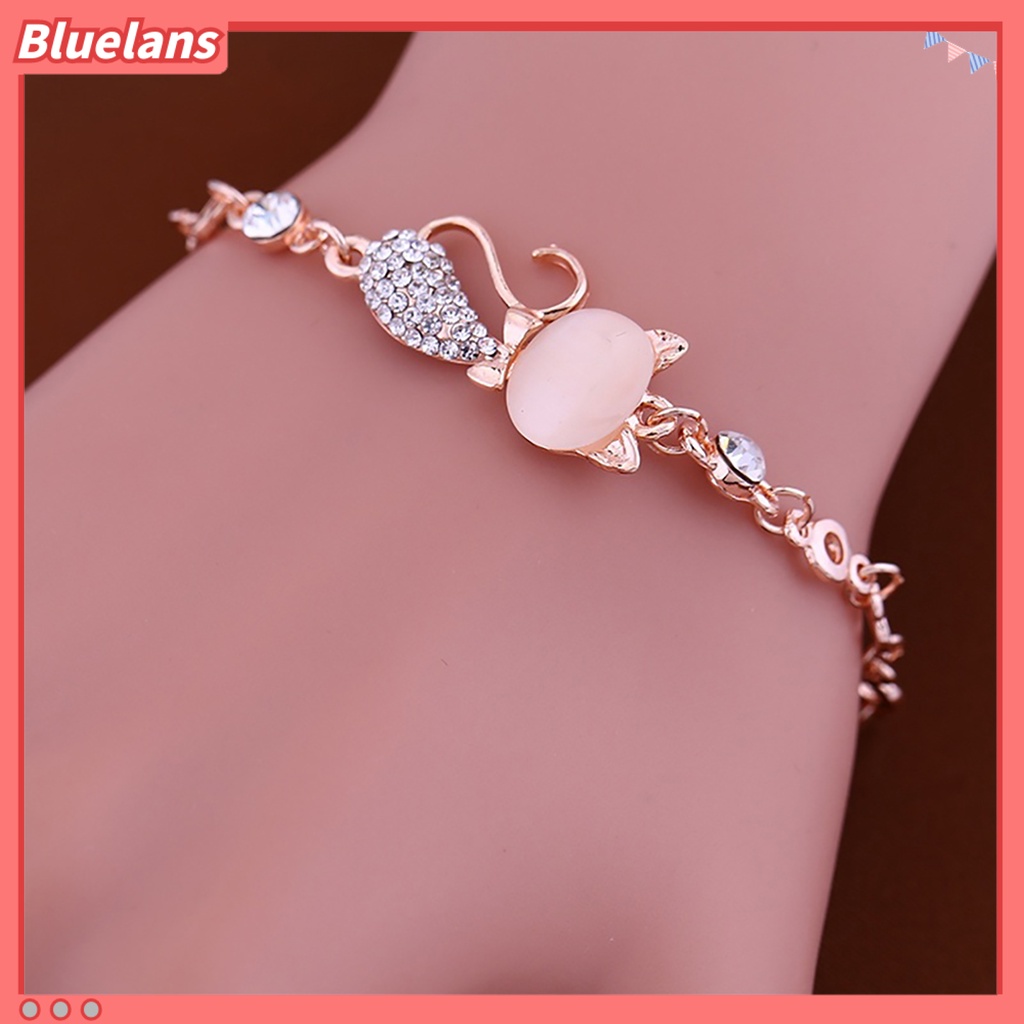 [BLS] Wanita Ladies Lovely Cat Pendant Opal Berlian Imitasi Bangle Gelang Rantai Perhiasan Untuk Kehidupan Sehari-Hari