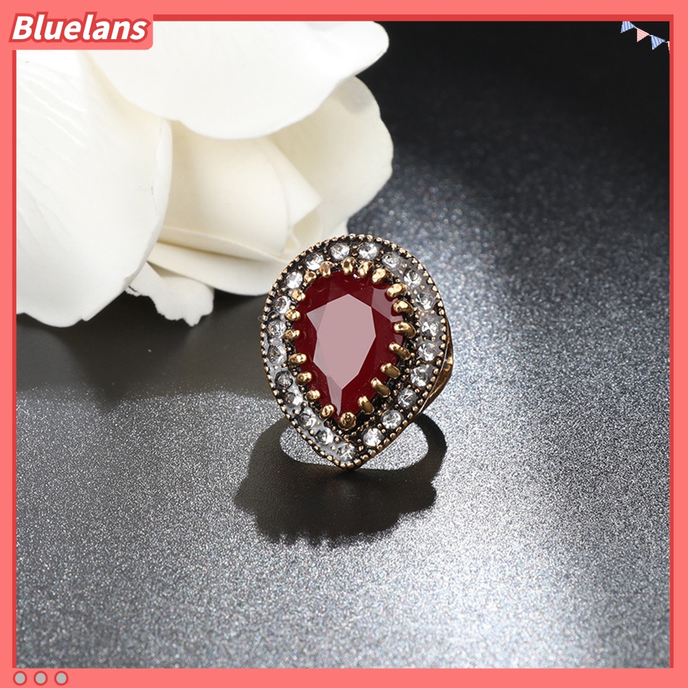 [BLS] Antik Teardrop Resin Berlian Imitasi Mengkilap Bertatahkan Jari Cincin Wanita Perhiasan Hadiah