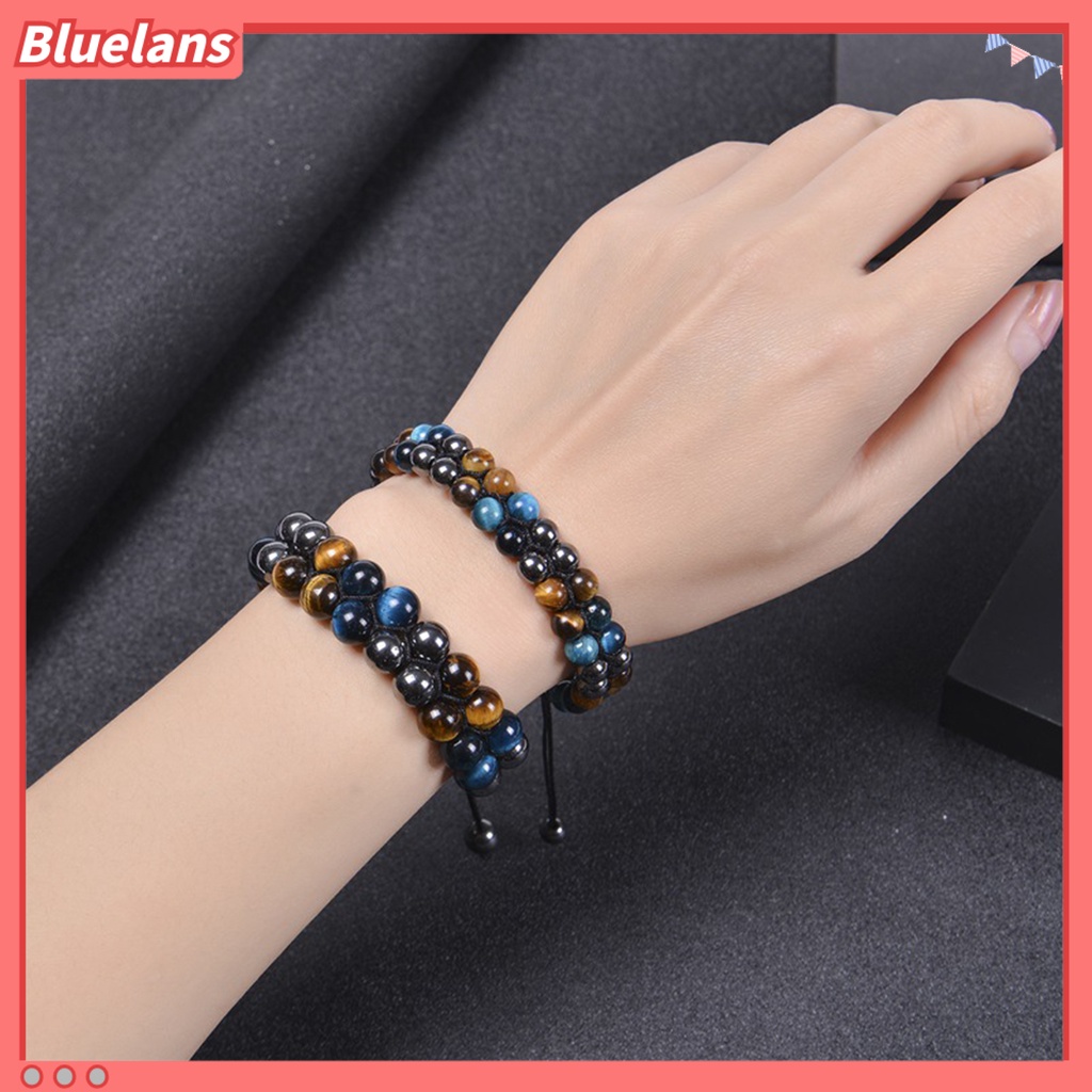 [BLS] Ic Gelang 8mm Manik-Manik Bulat Double-layer Braided Natural Tiger Eye Stone Adjustable Hadiah Fashion Perhiasan Pria Wanita Penghilang Stress Penyembuhan Bangle Untuk Harian
