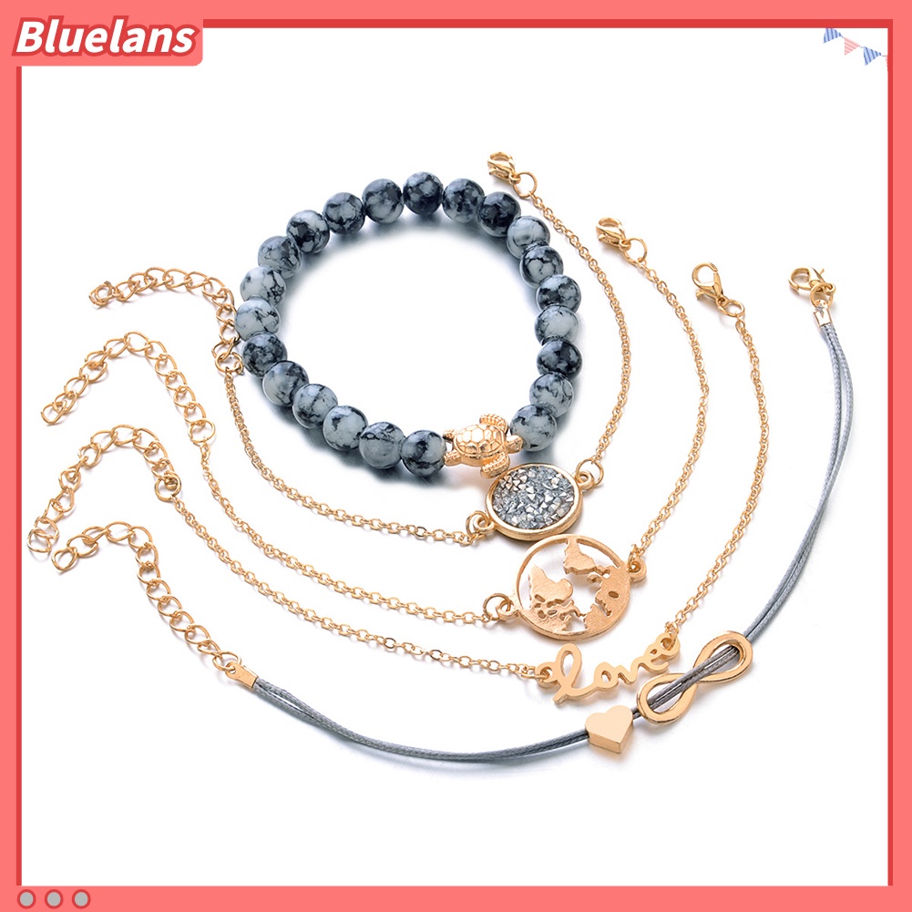 [BLS] 4/5 Pcs Wanita Manik-Manik Multi-Layer Hati Daun Rantai Gelang Set Pesta Perhiasan Hadiah