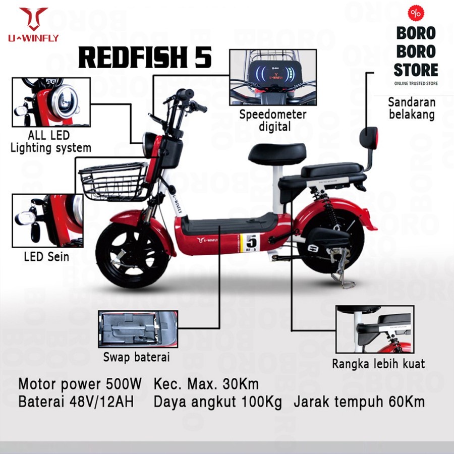 Sepeda Listrik Uwinfly  Redfish 5 New REDY 7 Warna (RF5) TERBARU RF 5 - red fish 5 - redfish5 -  red