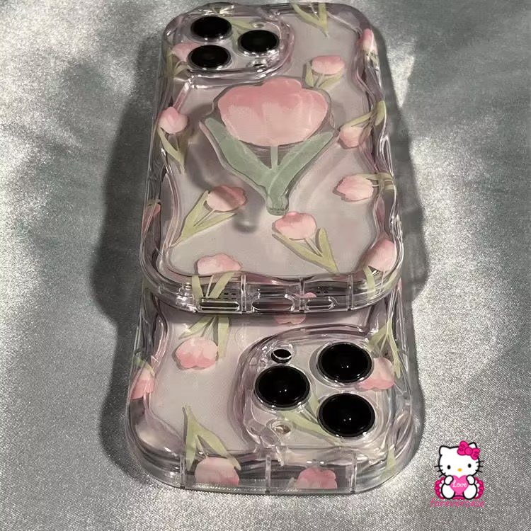 Fresh Flowers Tulip 3D Wavy Curved Edge Soft Floral Case Kompatibel Untuk iPhone XR X XS Max 7Plus 11 12 14 13 Pro Max8 6 7 6s Plus SE 2020 Flower Bracket Phone Stand Cover