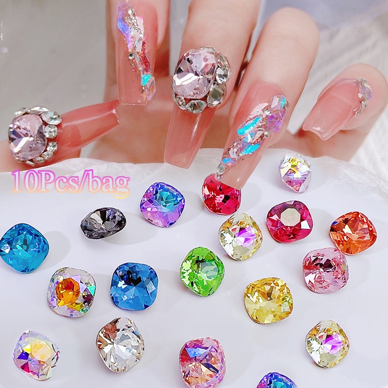 10pcs Nail Art Rhinestones Colorful Sparkle DIY Square Shaped Glass Gem Stones Untuk 3D Decals Nail Art Dekorasi Charms