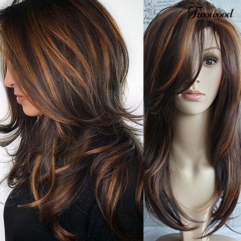 Twowood Fashion Coklat Keriting Wig Panjang Rambut Palsu Wanita Cosplay Pesta Menawan Sopak