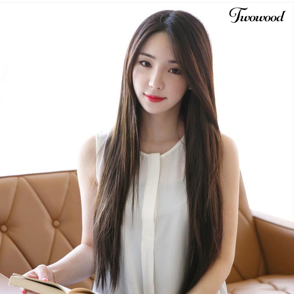 Twowood 26inch Fashion Wanita Hitam Panjang Lurus Wig Ada Poni Rambut Ekstensi Sopak