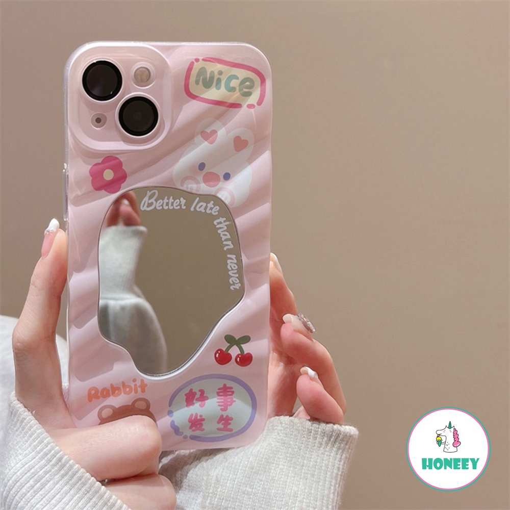 IPHONE Kartun Lucu Beruang Kelinci Cermin 3D Gelombang Case Kompatibel Untuk Iphone13 14 11 12 Pro Max Kamera Lensa Film Cover Pelindung