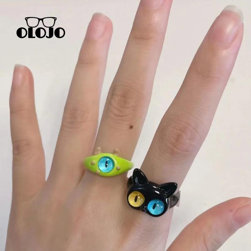 [Olojogrosirbig Mata Manis Keren Kartun Indah Lucu Kucing Hitam Monster Kecil Pacar Pasangan Cincin Ring