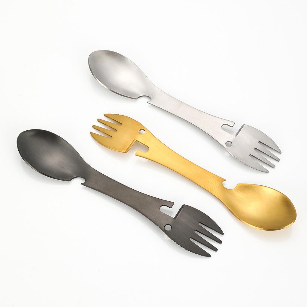 Spork Multifungsi Stainless Steel 5in1 Pisau Sendok Gantungan Kunci Pembuka Botol Alat Makan Untuk Camping Piknik Utensil