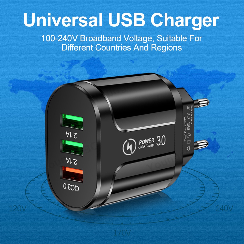 28w 3USB Fast Charging Phone Charger 3A QC3.0 Flash Travel Charging Adoptor Multi Antarmuka USB Charging Adapter Untuk Tipe C Micro