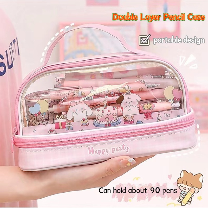 Happy Party Double Layer Pencil Case Kapasitas Besar Lucu Kartun Genggam Ritsleting Kotak Pensil Transparan Tas Pulpen Tas Penyimpanan Siswa Alat Tulis