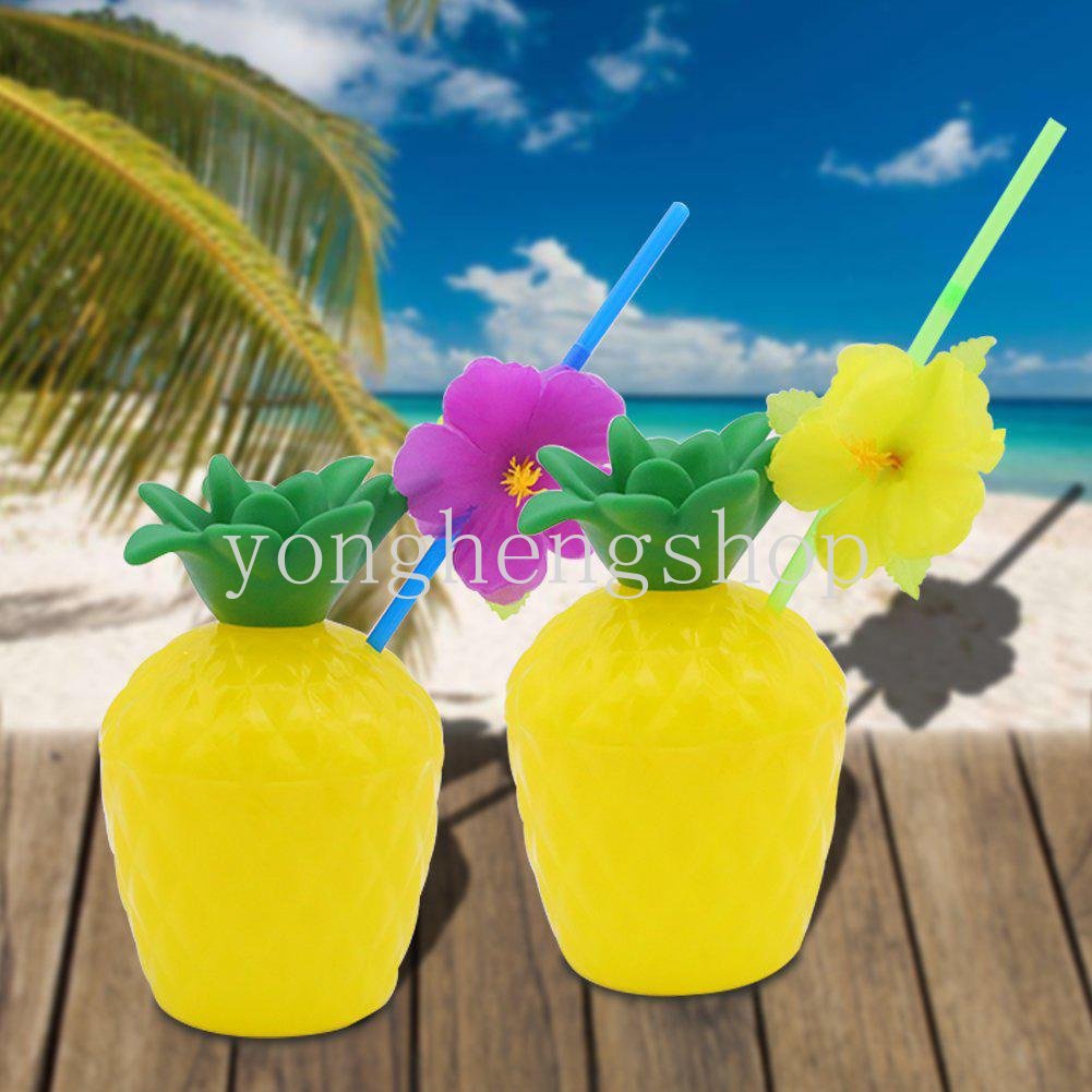 Kreatif Hawaii Pesta Nanas Kelapa Cangkir Minum Dengan Tutup Sedotan Tema Pantai Tropis Party Drinkware Drink Decor Water Juice Cups