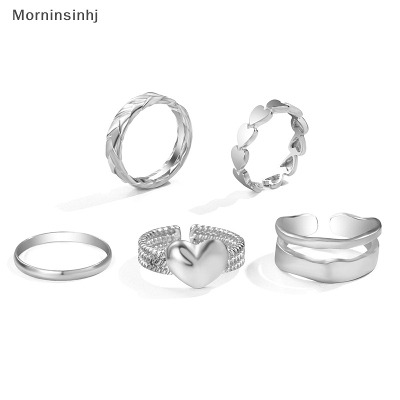 Mornin 5Pcs /Set Punk Metal Geometric Ring Set Untuk Wanita Vintage Minimalis Metal Wide Knuckle Ring Finger Perhiasan Hadiah id