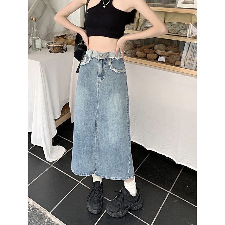 Rok Midi Wanita Denim Terbelah Polos Rok Wanita Korean Casual